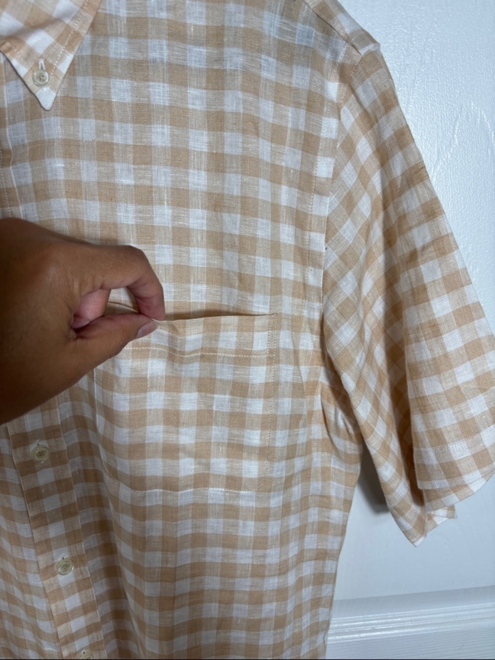 Brooks Brothers Regent Fit Linen Shirt Size Medium Beige Check - Picture 3 of 8